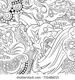 Seamless mehndi vector pattern. Hand-made illustration. Black and white binary pattern, monochrome doodle texture.
