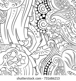 Seamless mehndi vector pattern. Hand-made illustration. Black and white binary pattern, monochrome doodle texture.