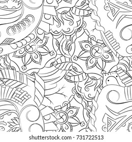 Seamless mehndi vector pattern. Hand-made illustration. Black and white binary pattern, monochrome doodle texture.