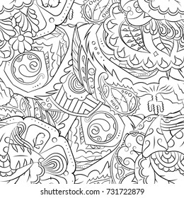 Seamless mehndi vector pattern. Hand-made illustration. Black and white binary pattern, monochrome doodle texture.