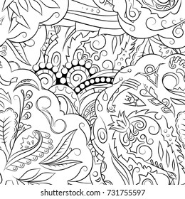 Seamless mehndi vector pattern. Hand-made illustration. Black and white binary pattern, monochrome doodle texture.