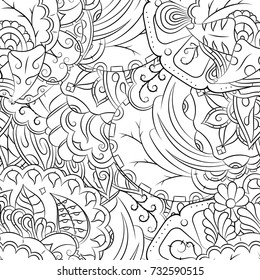 Seamless mehndi vector pattern. Hand-made illustration. Black and white binary pattern, monochrome doodle texture.