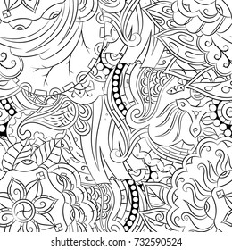 Seamless mehndi vector pattern. Hand-made illustration. Black and white binary pattern, monochrome doodle texture.