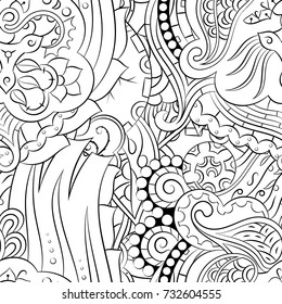 Seamless mehndi vector pattern. Hand-made illustration. Black and white binary pattern, monochrome doodle texture.