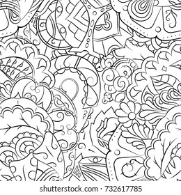 Seamless mehndi vector pattern. Hand-made illustration. Black and white binary pattern, monochrome doodle texture.