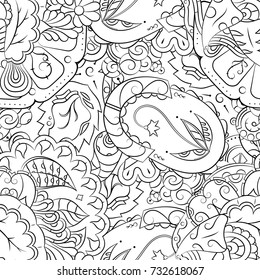 Seamless mehndi vector pattern. Hand-made illustration. Black and white binary pattern, monochrome doodle texture.