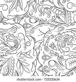 Seamless mehndi vector pattern. Hand-made illustration. Black and white binary pattern, monochrome doodle texture.