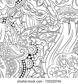 Seamless mehndi vector pattern. Hand-made illustration. Black and white binary pattern, monochrome doodle texture.