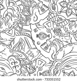 Seamless mehndi vector pattern. Hand-made illustration. Black and white binary pattern, monochrome doodle texture.