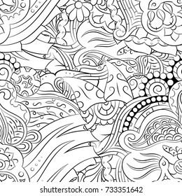 Seamless mehndi vector pattern. Hand-made illustration. Black and white binary pattern, monochrome doodle texture.