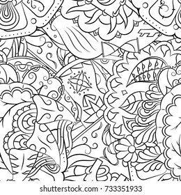 Seamless mehndi vector pattern. Hand-made illustration. Black and white binary pattern, monochrome doodle texture.