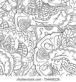 Seamless mehndi vector pattern. Hand-made illustration. Black and white binary pattern, monochrome doodle texture.
