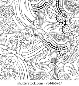 Seamless mehndi vector pattern. Hand-made illustration. Black and white binary pattern, monochrome doodle texture.
