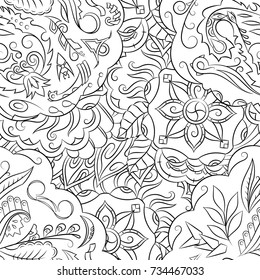 Seamless mehndi vector pattern. Hand-made illustration. Black and white binary pattern, monochrome doodle texture.