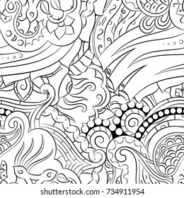 Seamless mehndi vector pattern. Hand-made illustration. Black and white binary pattern, monochrome doodle texture.