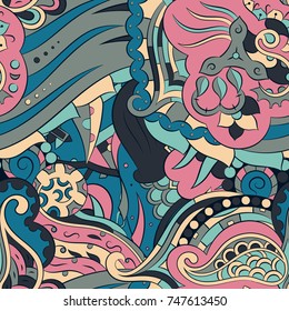 Seamless mehndi vector pattern. Hand-made ethnic illustration. Colorful doodle texture.