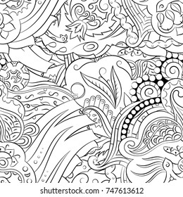 Seamless mehndi vector pattern. Hand-made illustration. Black and white binary pattern, monochrome doodle texture.