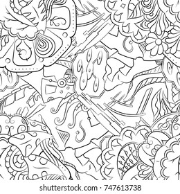 Seamless mehndi vector pattern. Hand-made illustration. Black and white binary pattern, monochrome doodle texture.