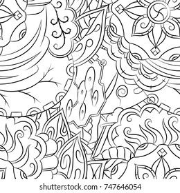 Seamless mehndi vector pattern. Hand-made illustration. Black and white binary pattern, monochrome doodle texture.