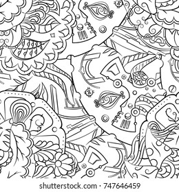 Seamless mehndi vector pattern. Hand-made illustration. Black and white binary pattern, monochrome doodle texture.
