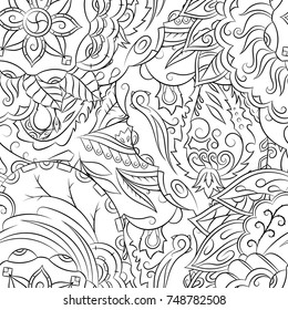 Seamless mehndi vector pattern. Hand-made illustration. Black and white binary pattern, monochrome doodle texture.