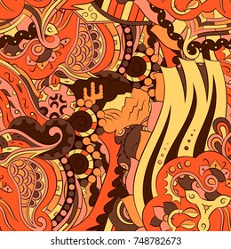 Seamless mehndi vector pattern. Hand-made ethnic illustration. Colorful doodle texture.