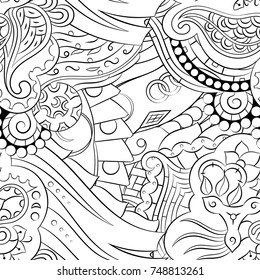 Seamless mehndi vector pattern. Hand-made illustration. Black and white binary pattern, monochrome doodle texture.