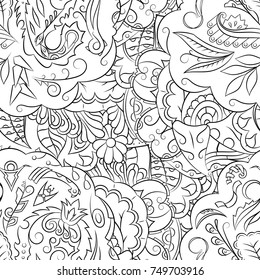 Seamless mehndi vector pattern. Hand-made illustration. Black and white binary pattern, monochrome doodle texture.