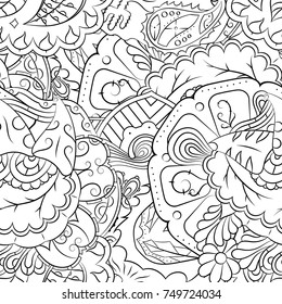 Seamless mehndi vector pattern. Hand-made illustration. Black and white binary pattern, monochrome doodle texture.