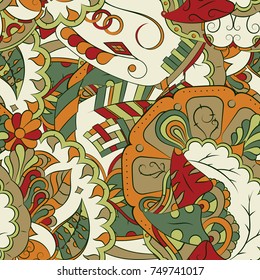 Seamless mehndi vector pattern. Hand-made ethnic illustration. Colorful doodle texture.