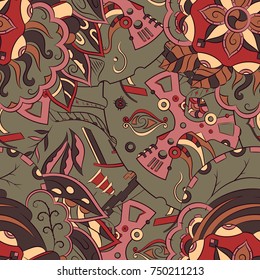 Seamless mehndi vector pattern. Hand-made ethnic illustration. Colorful doodle texture.