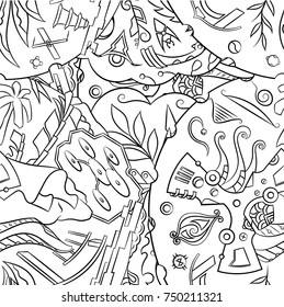 Seamless mehndi vector pattern. Hand-made illustration. Black and white binary pattern, monochrome doodle texture.