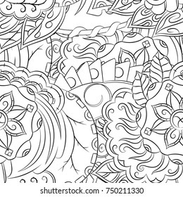 Seamless mehndi vector pattern. Hand-made illustration. Black and white binary pattern, monochrome doodle texture.