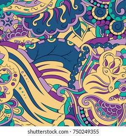 Seamless mehndi vector pattern. Hand-made ethnic illustration. Colorful doodle texture.