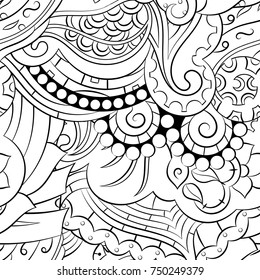 Seamless mehndi vector pattern. Hand-made illustration. Black and white binary pattern, monochrome doodle texture.