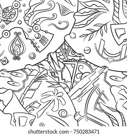 Seamless mehndi vector pattern. Hand-made illustration. Black and white binary pattern, monochrome doodle texture.