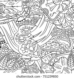 Seamless mehndi vector pattern. Hand-made illustration. Black and white binary pattern, monochrome doodle texture.
