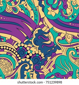Seamless mehndi vector pattern. Hand-made ethnic illustration. Colorful doodle texture.