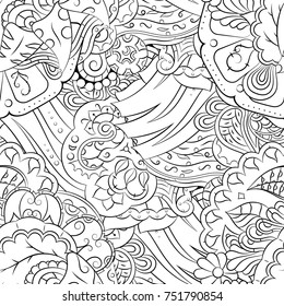 Seamless mehndi vector pattern. Hand-made illustration. Black and white binary pattern, monochrome doodle texture.