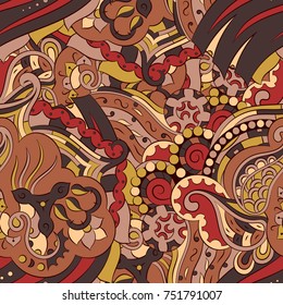 Seamless mehndi vector pattern. Hand-made ethnic illustration. Colorful doodle texture.