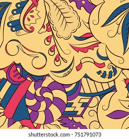 Seamless mehndi vector pattern. Hand-made ethnic illustration. Colorful doodle texture.
