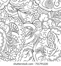 Seamless mehndi vector pattern. Hand-made illustration. Black and white binary pattern, monochrome doodle texture.