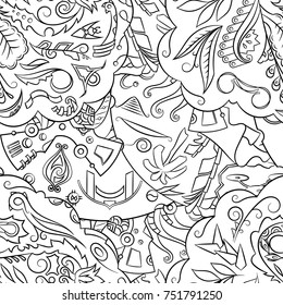 Seamless mehndi vector pattern. Hand-made illustration. Black and white binary pattern, monochrome doodle texture.