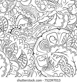 Seamless mehndi vector pattern. Hand-made illustration. Black and white binary pattern, monochrome doodle texture.