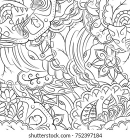 Seamless mehndi vector pattern. Hand-made illustration. Black and white binary pattern, monochrome doodle texture.