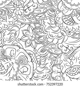 Seamless mehndi vector pattern. Hand-made illustration. Black and white binary pattern, monochrome doodle texture.
