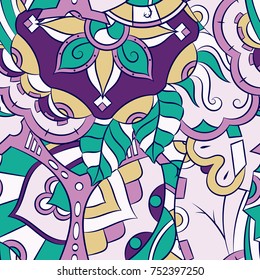 Seamless mehndi vector pattern. Hand-made ethnic illustration. Colorful doodle texture.