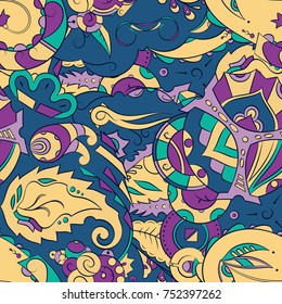 Seamless mehndi vector pattern. Hand-made ethnic illustration. Colorful doodle texture.