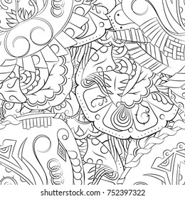 Seamless mehndi vector pattern. Hand-made illustration. Black and white binary pattern, monochrome doodle texture.