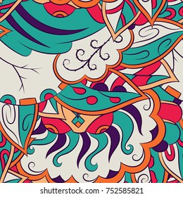 Seamless mehndi vector pattern. Hand-made ethnic illustration. Colorful doodle texture.